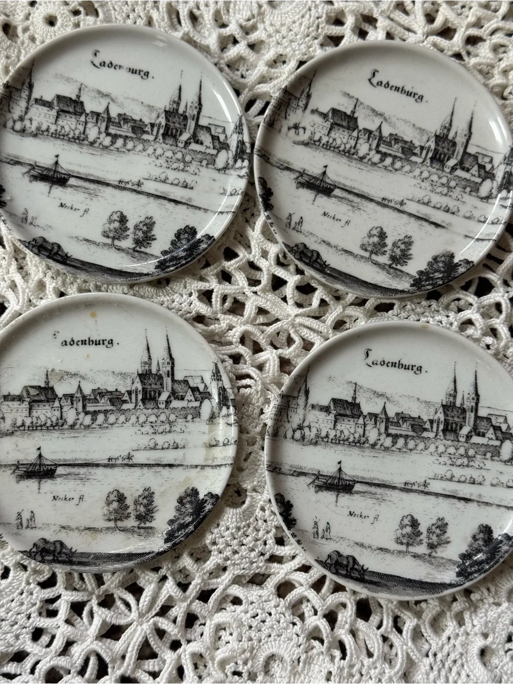 Vintage Black and White Scenic Germany Glass Mini Plates - Set of 4
